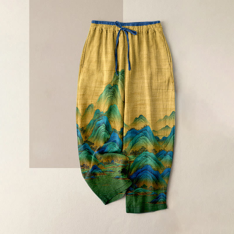 Nimara Ritual Pure Cotton Natural Landscape Pattern Women's Elastic Waist Pants With Pockets
