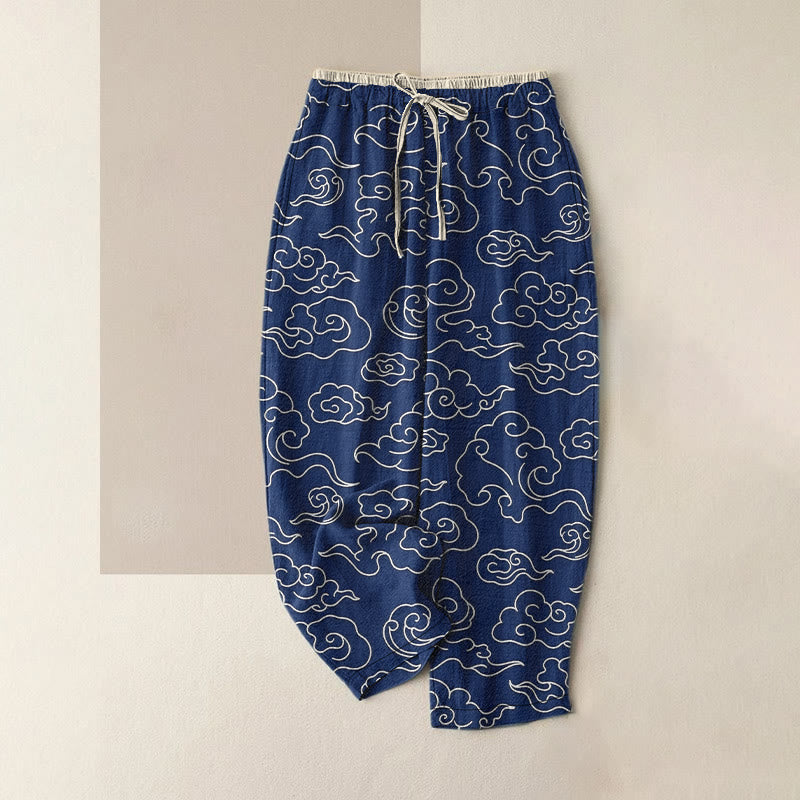 Nimara Ritual Pure Cotton Casual Auspicious Cloud Pattern Women's Elastic Waist Pants With Pockets