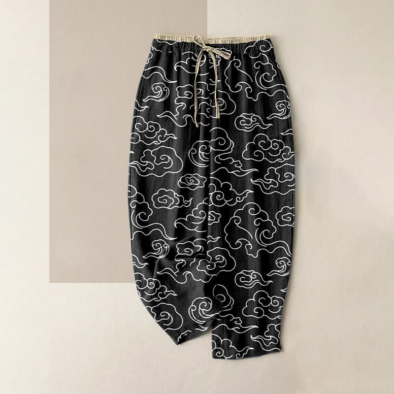Nimara Ritual Pure Cotton Casual Auspicious Cloud Pattern Women's Elastic Waist Pants With Pockets