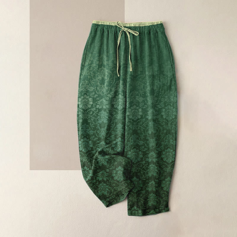 Nimara Ritual Pure Cotton Retro Decorative Floral Pattern Women's Elastic Waist Pants With Pockets