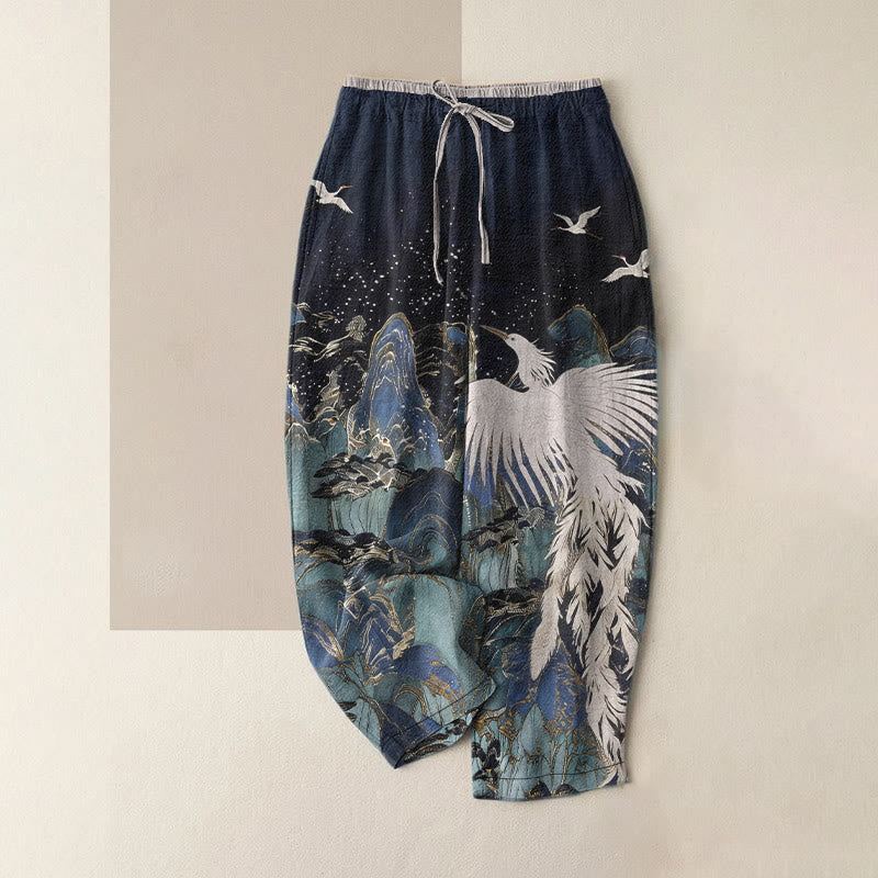 Nimara Ritual Pure Cotton Auspicious Landscape Crane Pattern Women's Elastic Waist Pants With Pockets