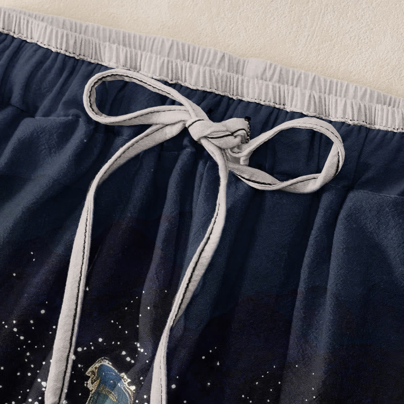 Nimara Ritual Pure Cotton Auspicious Landscape Crane Pattern Women's Elastic Waist Pants With Pockets