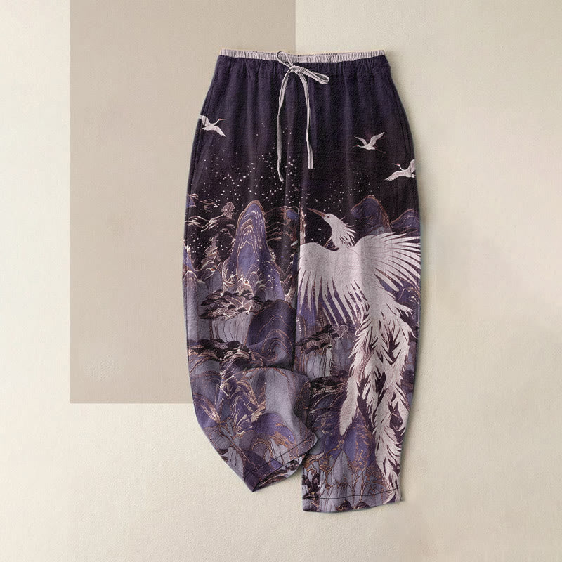Nimara Ritual Pure Cotton Auspicious Landscape Crane Pattern Women's Elastic Waist Pants With Pockets