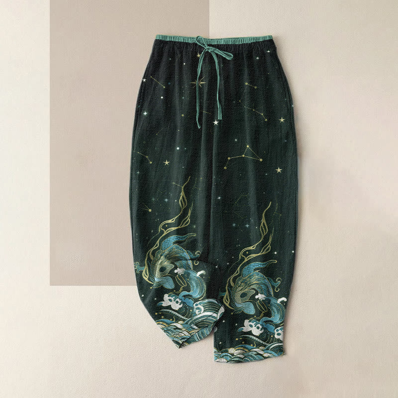 Nimara Ritual Pure Cotton Starry Sky Ocean Mythical Beast Pattern Women's Elastic Waist Pants With Pockets