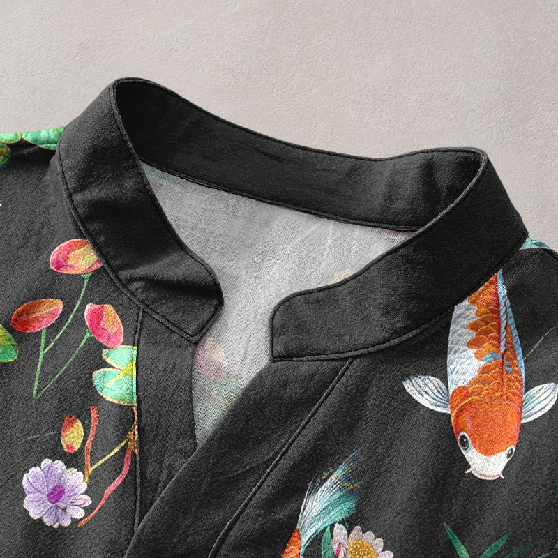 Nimara Ritual Cotton Koi Fish Lotus Pattern Men's Short Sleeve Half Button Shirt