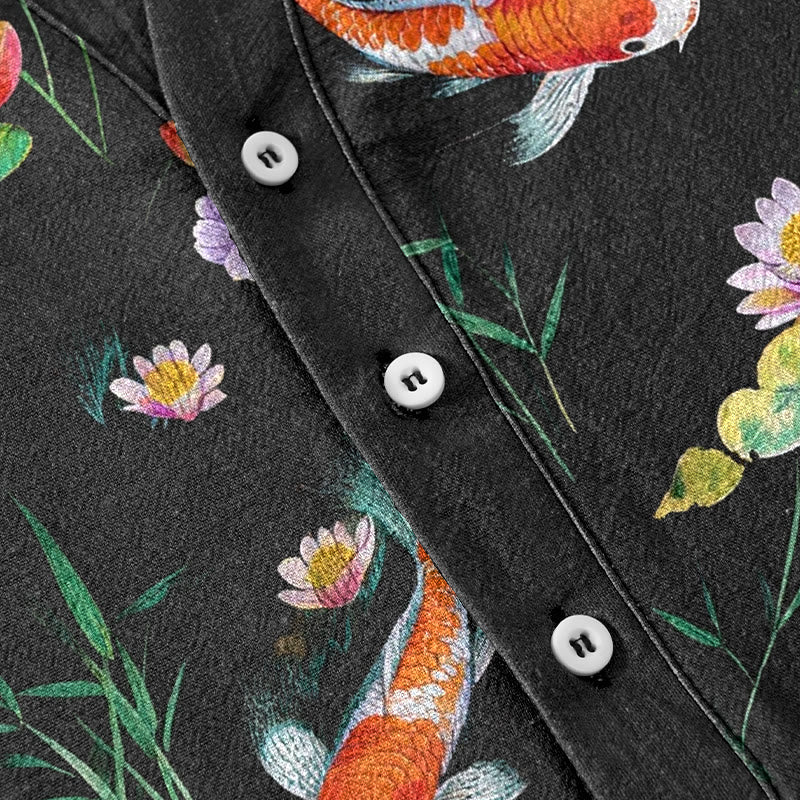 Nimara Ritual Cotton Koi Fish Lotus Pattern Men's Short Sleeve Half Button Shirt
