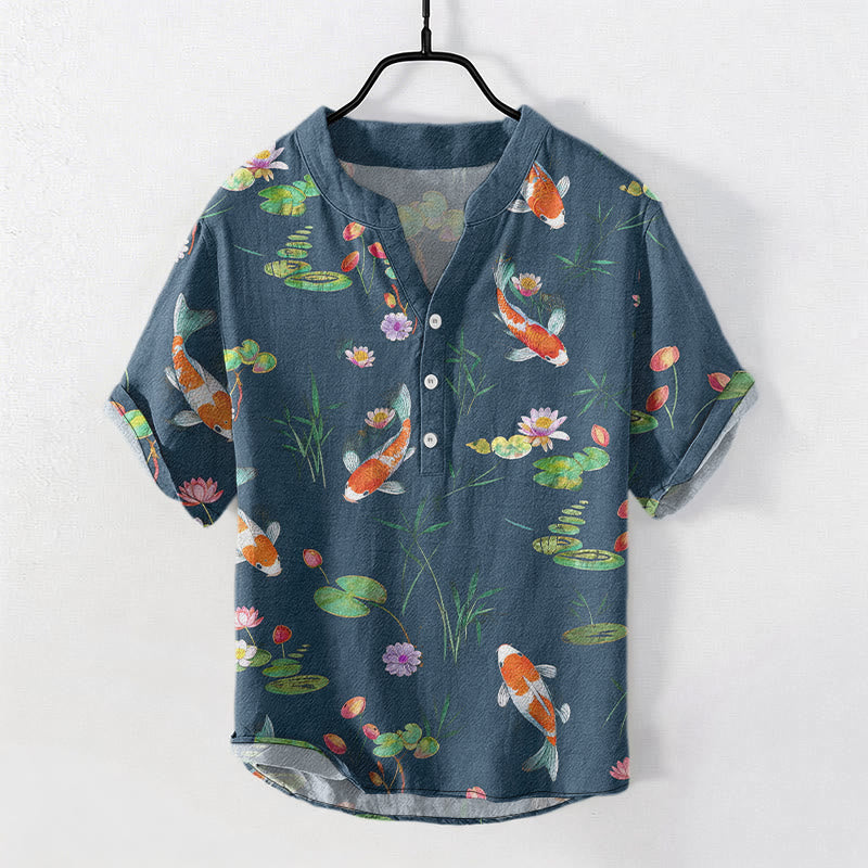 Nimara Ritual Cotton Koi Fish Lotus Pattern Men's Short Sleeve Half Button Shirt