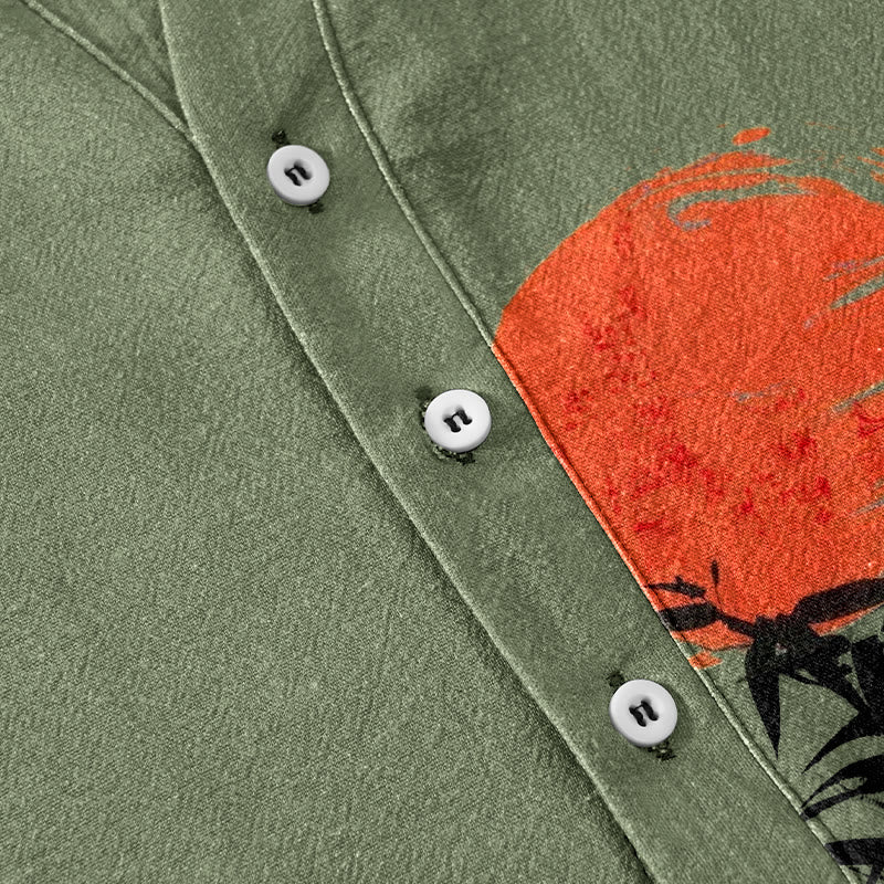 Nimara Ritual Cotton Simple Red Sun Bamboo Pattern Men's Short Sleeve Half Button Shirt