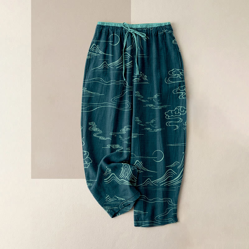 Nimara Ritual Cotton Casual Mountain Moon Auspicious Clouds Pattern Women's Elastic Waist Pants With Pockets