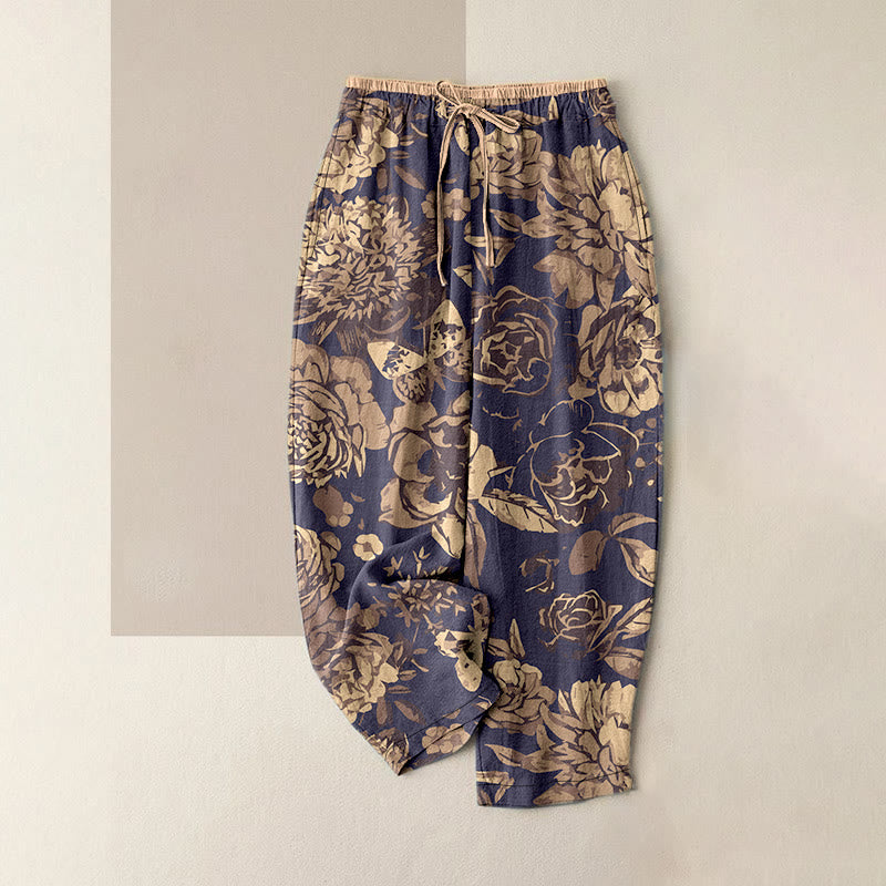 Nimara Ritual Cotton Casual Peony Flowers Leaves Pattern Women's Elastic Waist Pants With Pockets