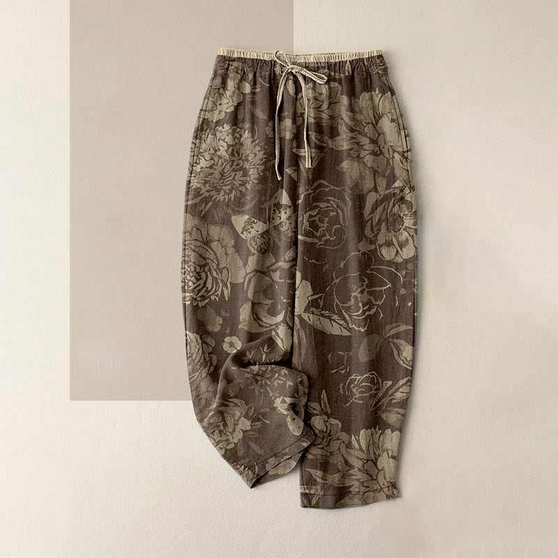 Nimara Ritual Cotton Casual Peony Flowers Leaves Pattern Women's Elastic Waist Pants With Pockets