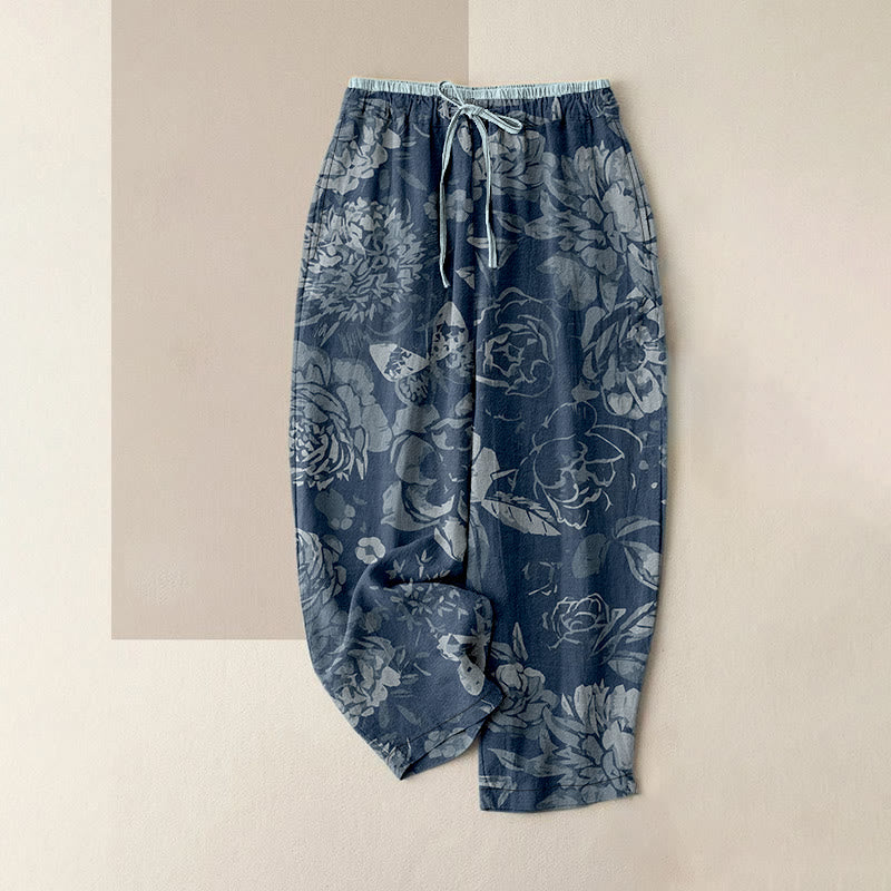 Nimara Ritual Cotton Casual Peony Flowers Leaves Pattern Women's Elastic Waist Pants With Pockets