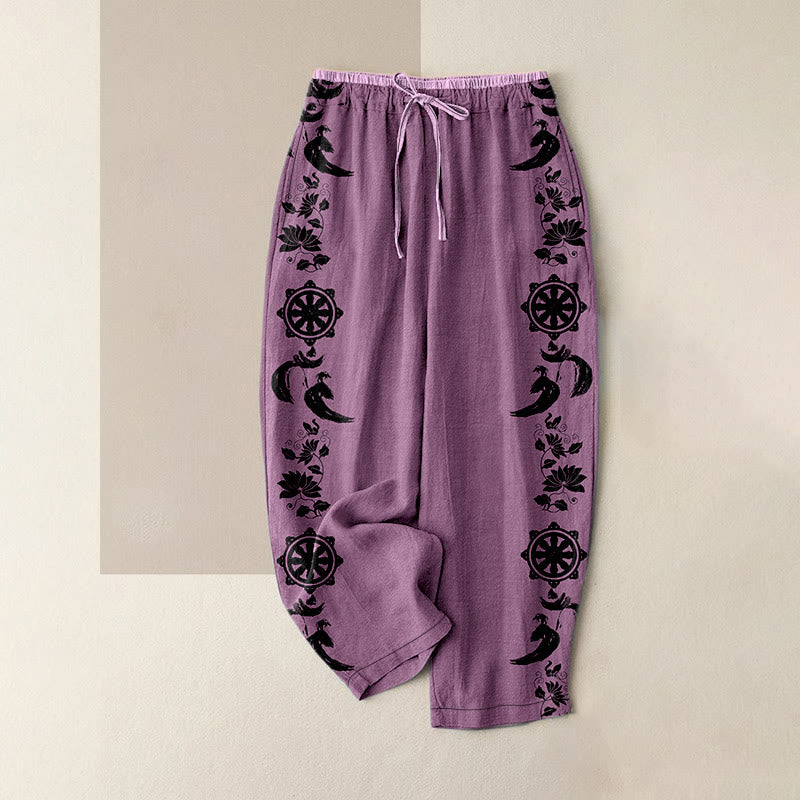 Nimara Ritual Cotton Casual Dharma Wheel Lotus OM Pattern Women's Elastic Waist Pants With Pockets