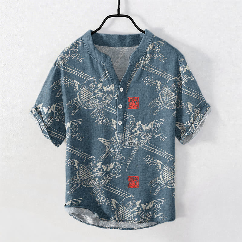 Nimara Ritual Cotton Koi Fish Bamboo Pattern Men's Short Sleeve Half Button Shirt