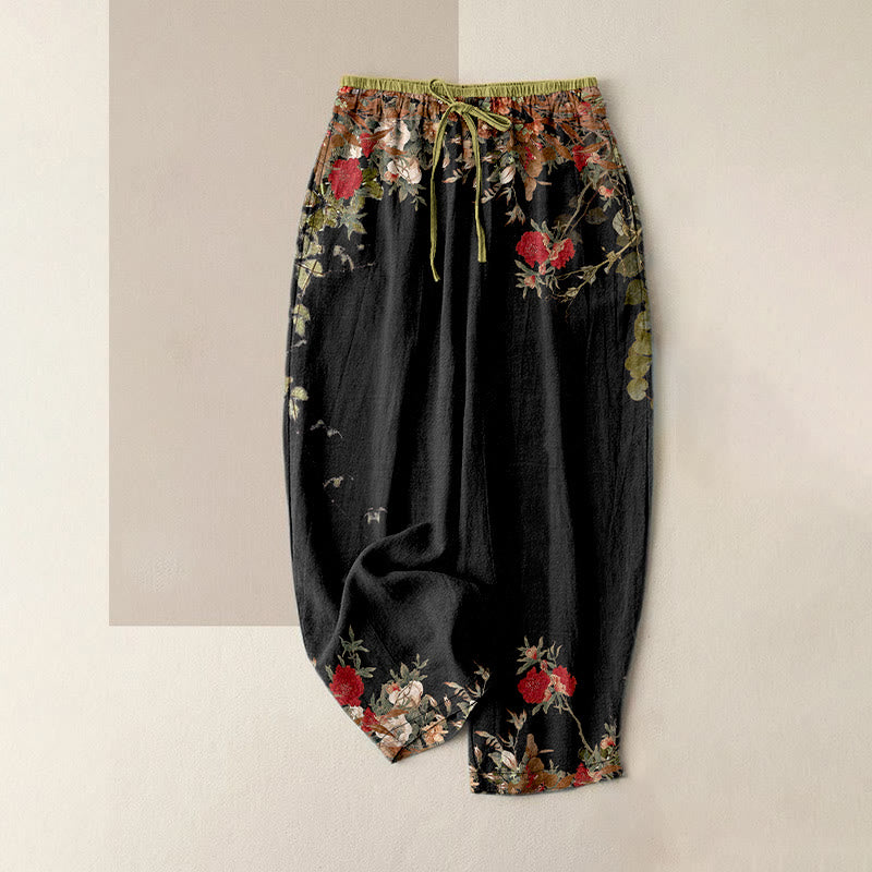 Nimara Ritual Cotton Casual Red Peony Flower Vine Design Women's Elastic Waist Pants With Pockets