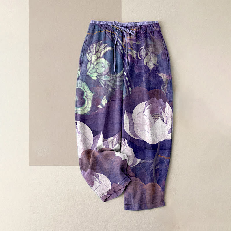 Nimara Ritual Cotton Casual White Lotus Leaves Pattern Women's Elastic Waist Pants With Pockets