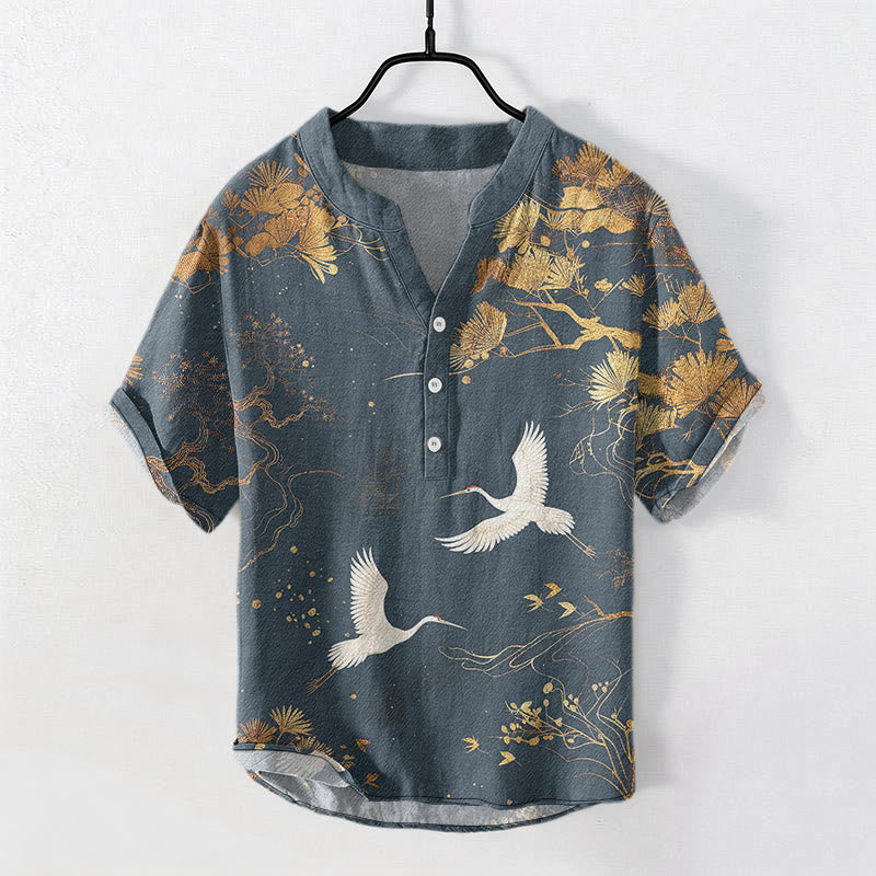 Nimara Ritual Cotton Pine Tree White Crane Pattern Men's Short Sleeve Half Button Shirt