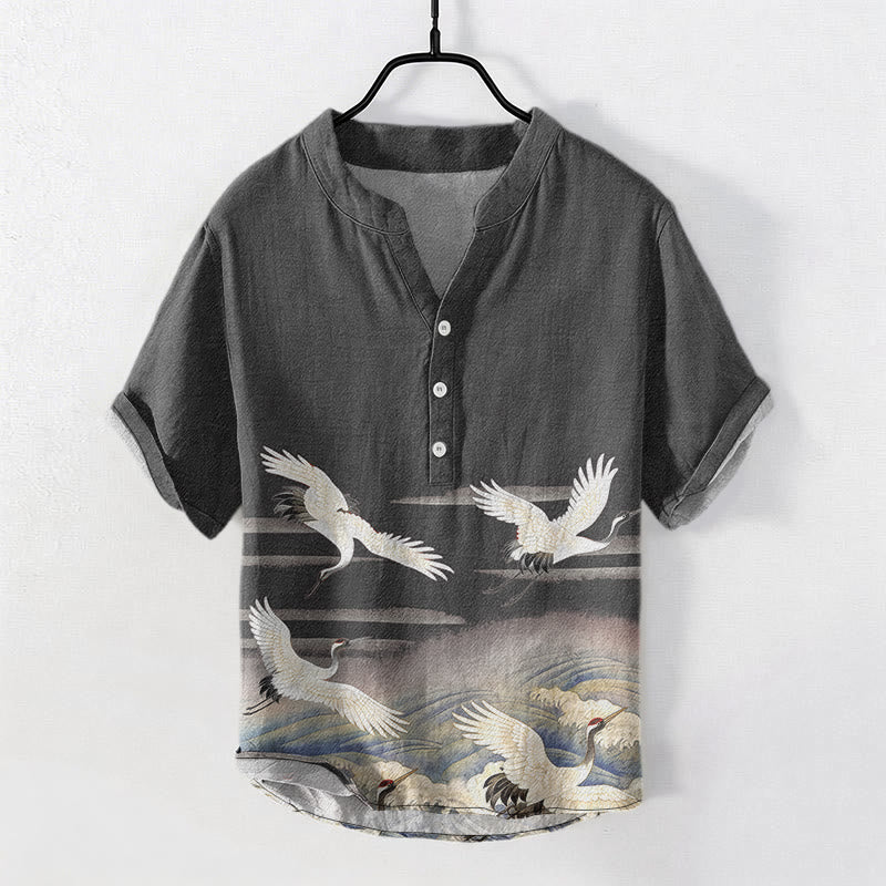 Nimara Ritual Cotton Crane Waves Pattern Men's Short Sleeve Half Button Shirt