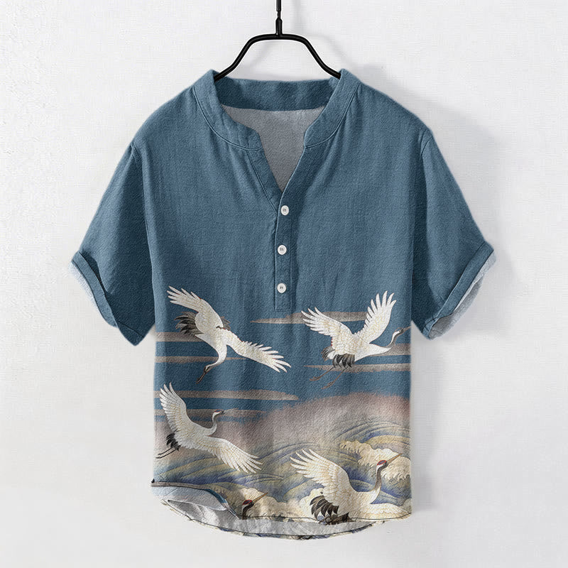 Nimara Ritual Cotton Crane Waves Pattern Men's Short Sleeve Half Button Shirt