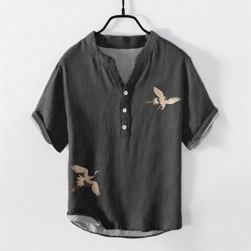 Nimara Ritual Cotton Simple Crane Red Sun Pine Pattern Men's Short Sleeve Half Button Shirt