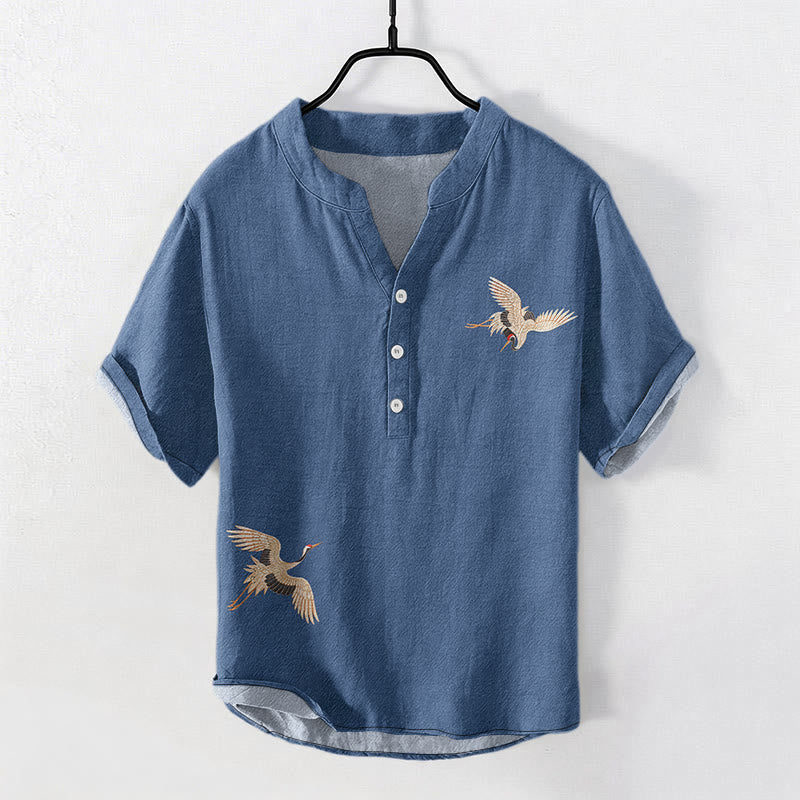 Nimara Ritual Cotton Simple Crane Red Sun Pine Pattern Men's Short Sleeve Half Button Shirt