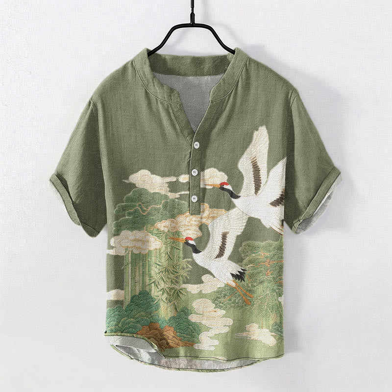 Nimara Ritual Cotton Crane Auspicious Clouds Landscapes Pattern Men's Short Sleeve Half Button Shirt