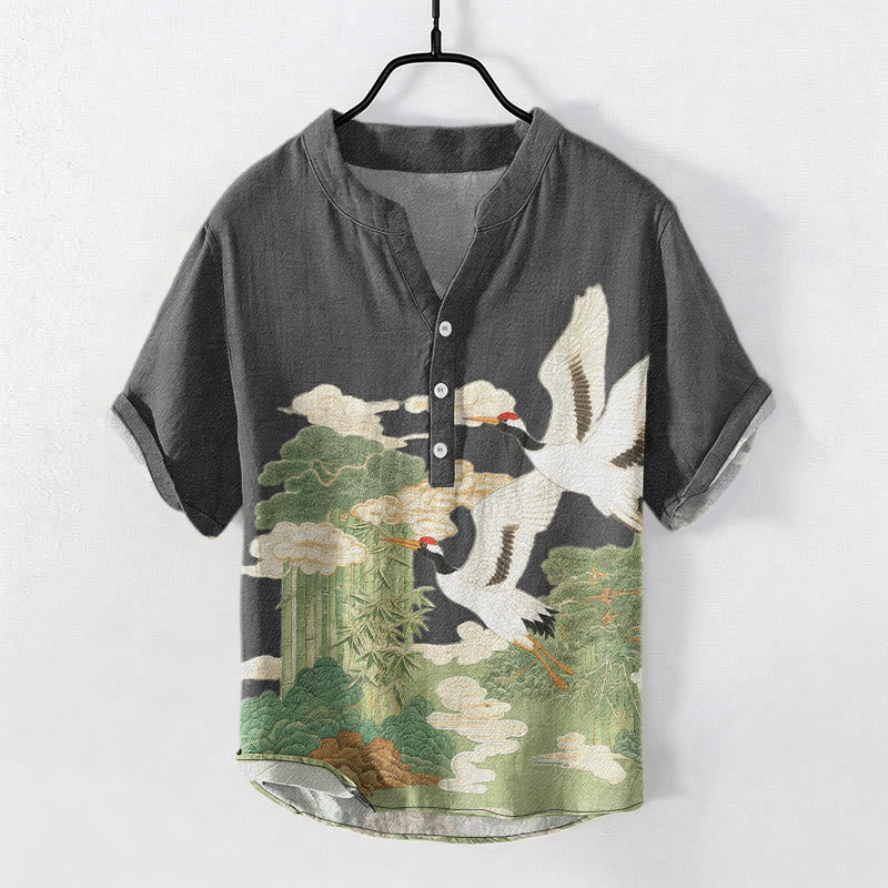 Nimara Ritual Cotton Crane Auspicious Clouds Landscapes Pattern Men's Short Sleeve Half Button Shirt