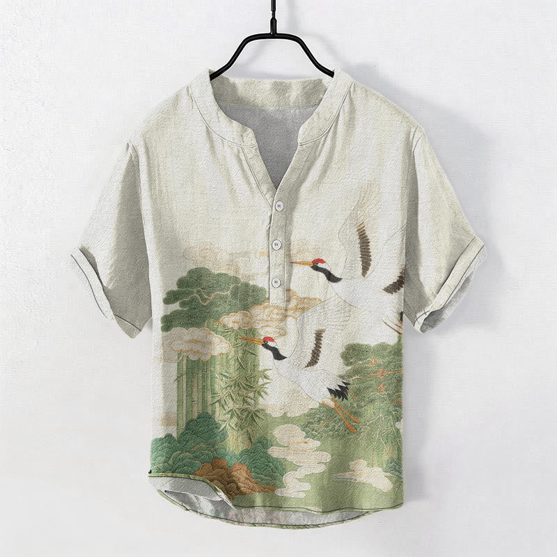 Nimara Ritual Cotton Crane Auspicious Clouds Landscapes Pattern Men's Short Sleeve Half Button Shirt