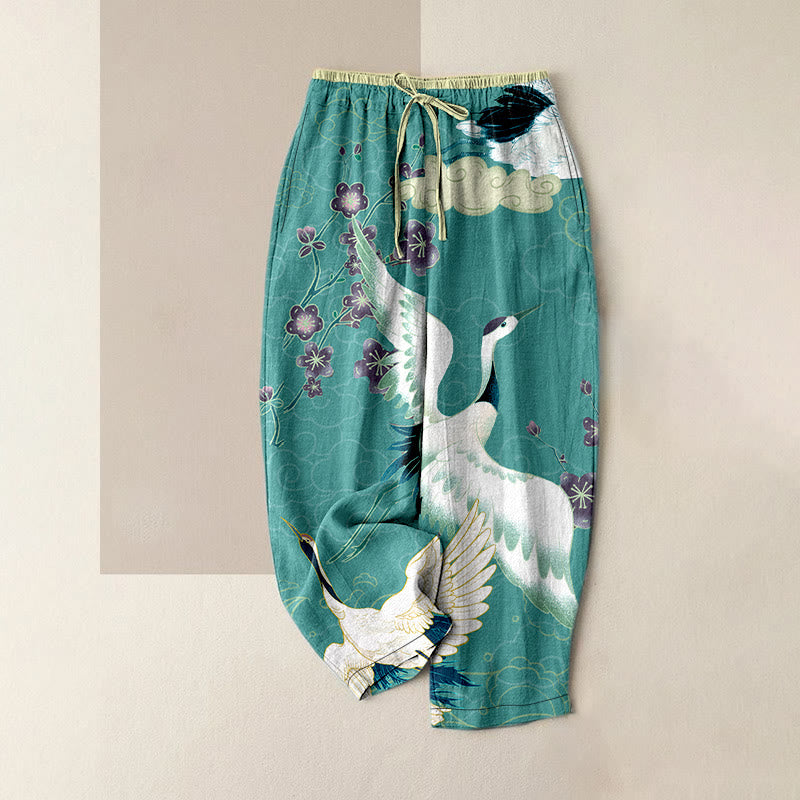 Nimara Ritual Cotton Casual Cranes Flowers Auspicious Clouds Pattern Women's Elastic Waist Pants With Pockets