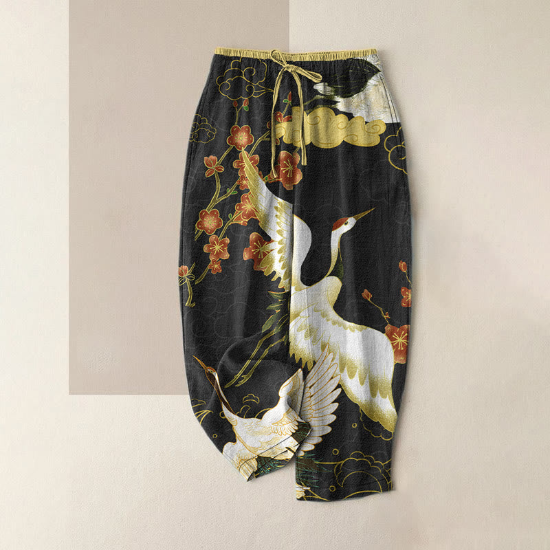 Nimara Ritual Cotton Casual Cranes Flowers Auspicious Clouds Pattern Women's Elastic Waist Pants With Pockets