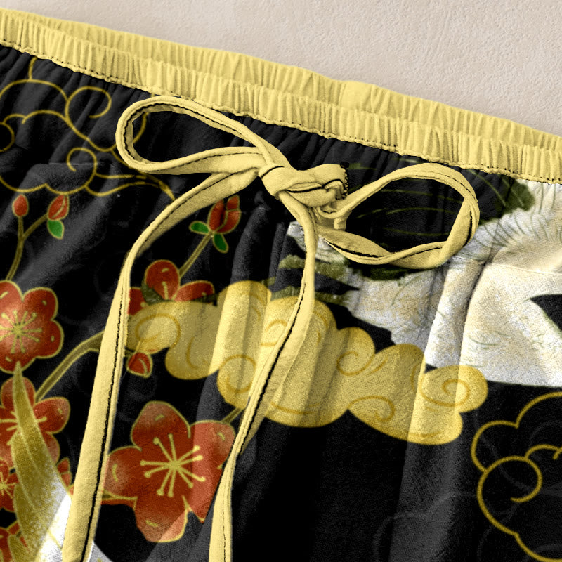 Nimara Ritual Cotton Casual Cranes Flowers Auspicious Clouds Pattern Women's Elastic Waist Pants With Pockets