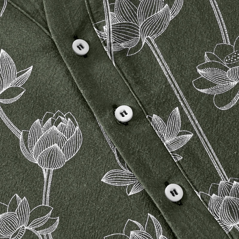 Nimara Ritual Cotton Harmonious Lotus Pattern Men's Short Sleeve Half Button Shirt