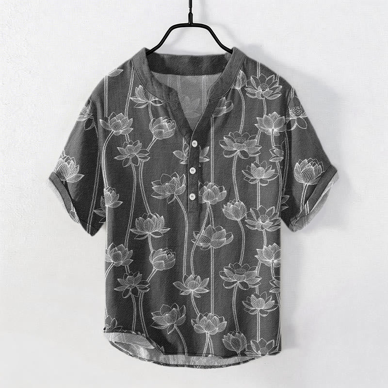 Nimara Ritual Cotton Harmonious Lotus Pattern Men's Short Sleeve Half Button Shirt