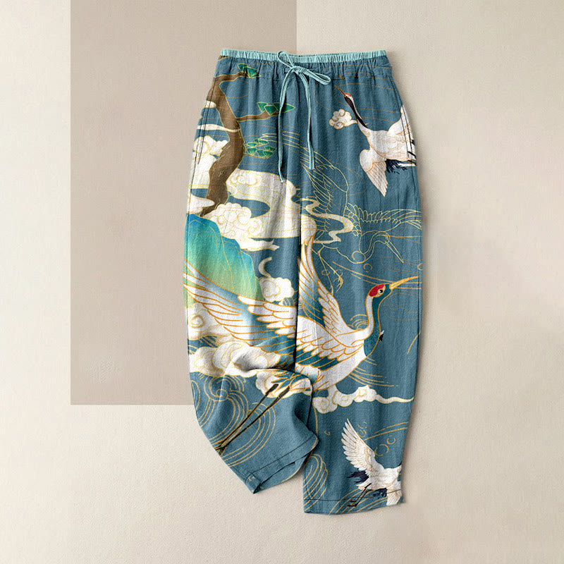 Nimara Ritual Cotton Casual Flying Cranes Auspicious Clouds Tree Women's Elastic Waist Pants With Pockets