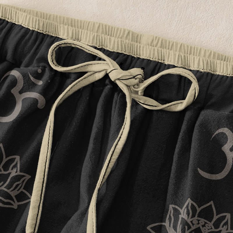 Nimara Ritual Cotton Casual Lotus Flowers Double Dorje Vajra Namaste Om Design Women's Elastic Waist Pants With Pockets