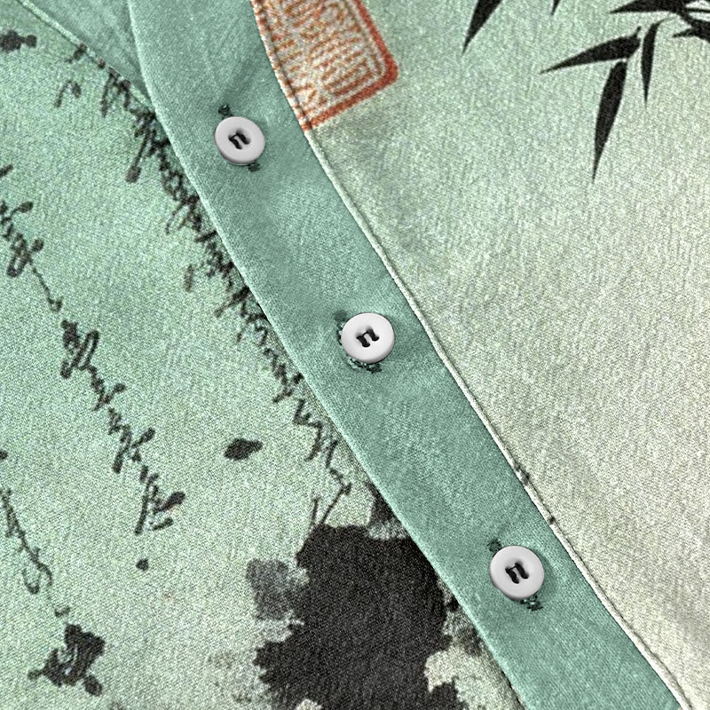 Nimara Ritual Cotton Gradient Calligraphy Bamboo Ink Painting Pattern Men's Short Sleeve Half Button Shirt