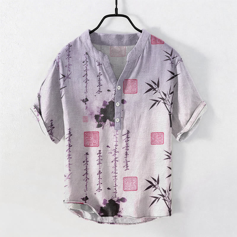 Nimara Ritual Cotton Gradient Calligraphy Bamboo Ink Painting Pattern Men's Short Sleeve Half Button Shirt