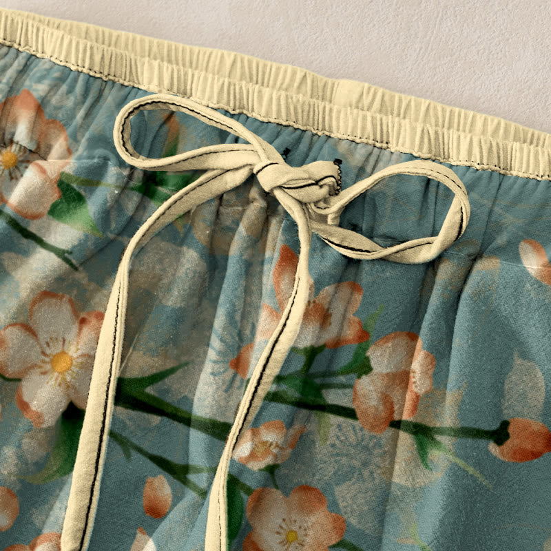 Nimara Ritual Cotton Casual Peach Blossoms Flying Geese Pattern Women's Elastic Waist Pants With Pockets