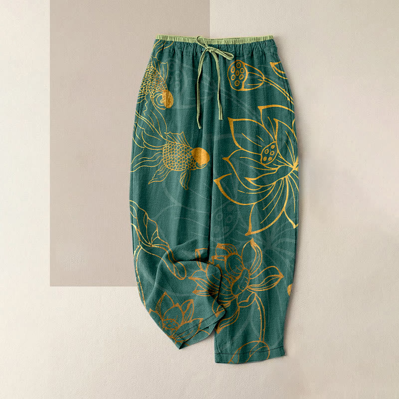 Nimara Ritual Cotton Casual Lotus Leaf Koi Fish Pattern Women's Elastic Waist Pants With Pockets