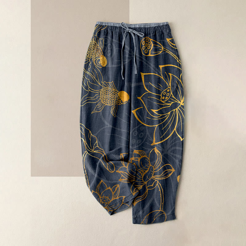 Nimara Ritual Cotton Casual Lotus Leaf Koi Fish Pattern Women's Elastic Waist Pants With Pockets