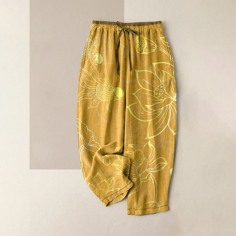 Nimara Ritual Cotton Casual Lotus Leaf Koi Fish Pattern Women's Elastic Waist Pants With Pockets
