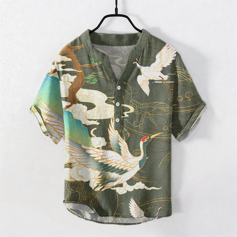 Nimara Ritual Cotton Crane Auspicious Clouds Pine Pattern Men's Short Sleeve Half Button Shirt