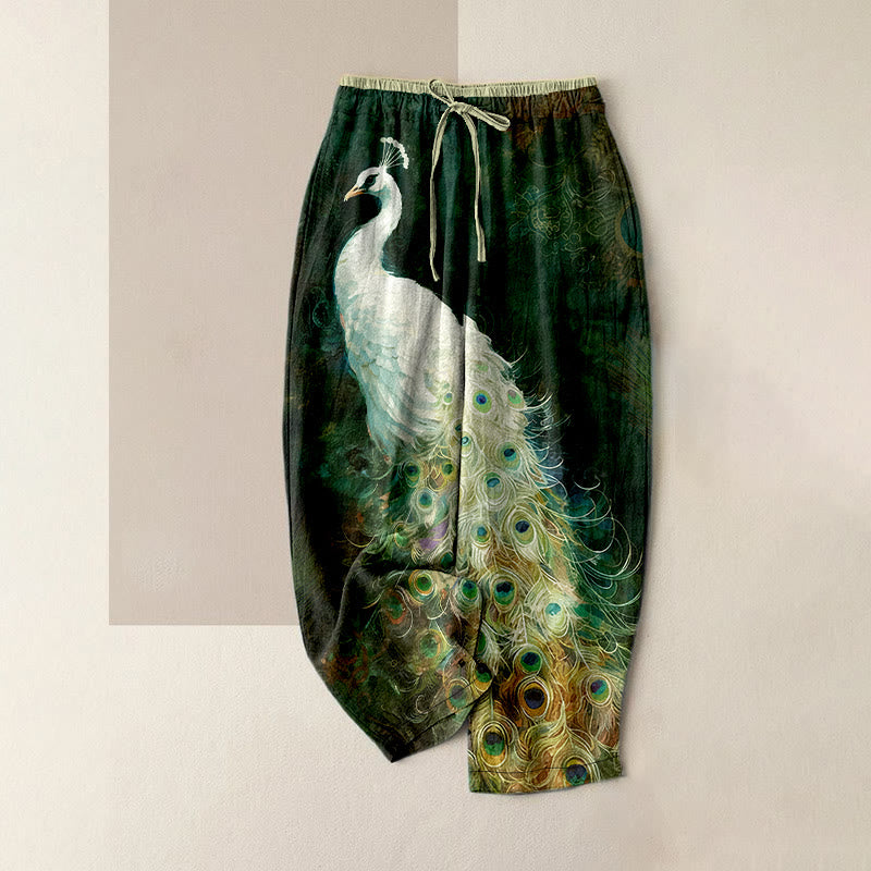 Nimara Ritual Cotton Casual Gorgeous Peacock Pattern Women's Elastic Waist Pants With Pockets