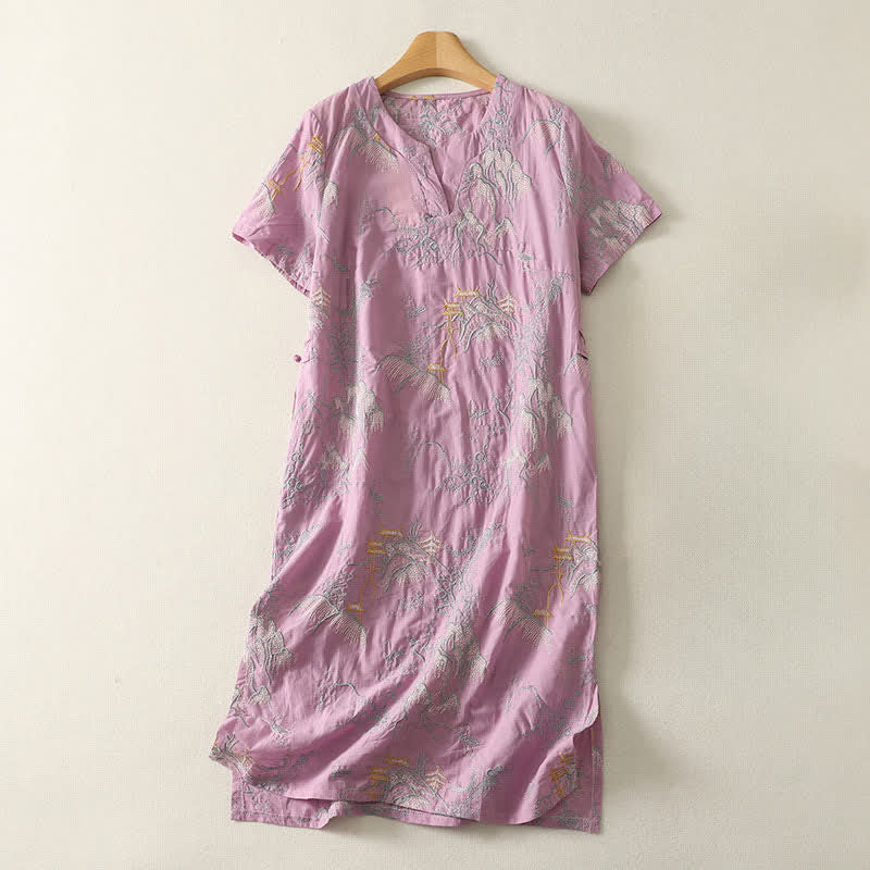 Nimara Ritual Summer V-Neck Floral Design Short Sleeve Cotton Midi Dress With Pockets