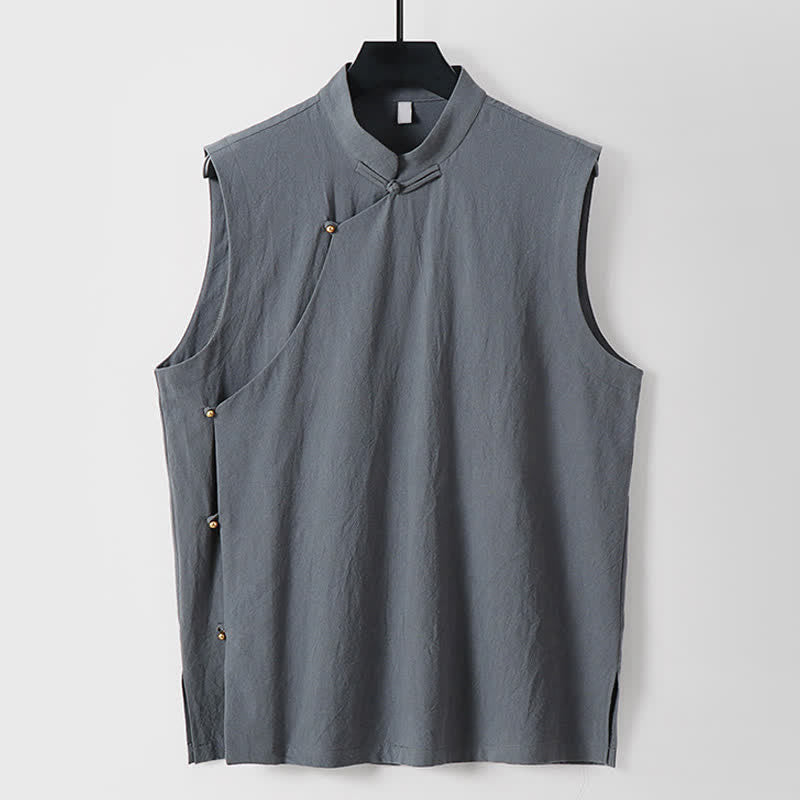 Nimara Ritual Summer Solid Color Stand Collar Frog-Button Men's Cotton Linen Sleeveless Vest