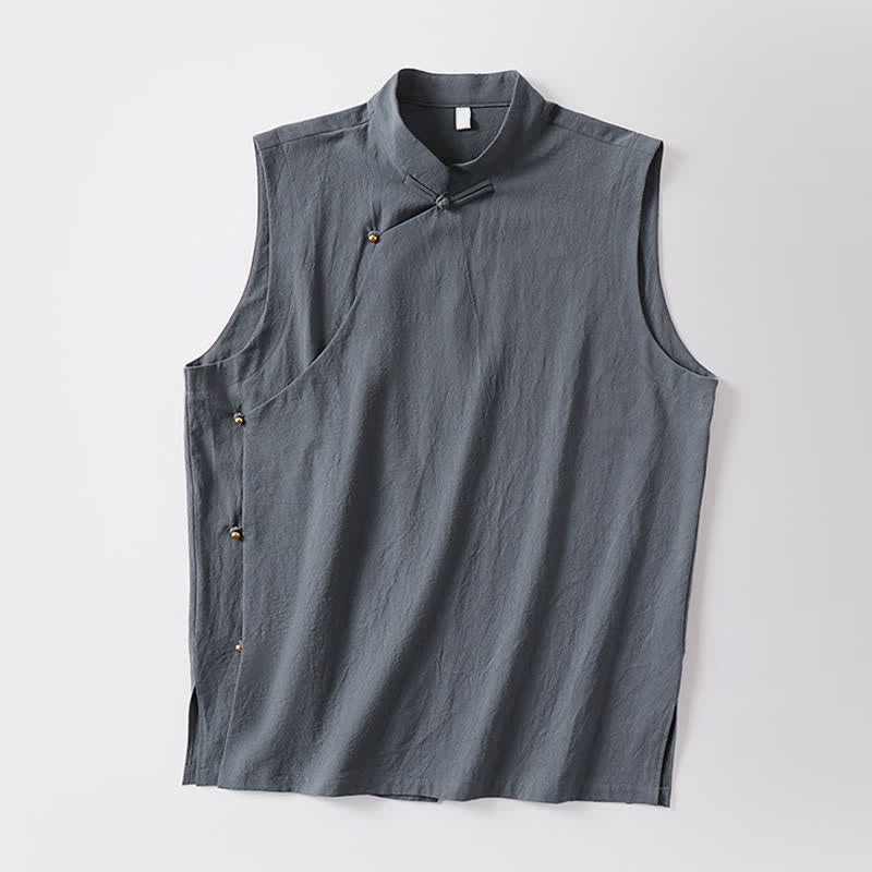 Nimara Ritual Summer Solid Color Stand Collar Frog-Button Men's Cotton Linen Sleeveless Vest