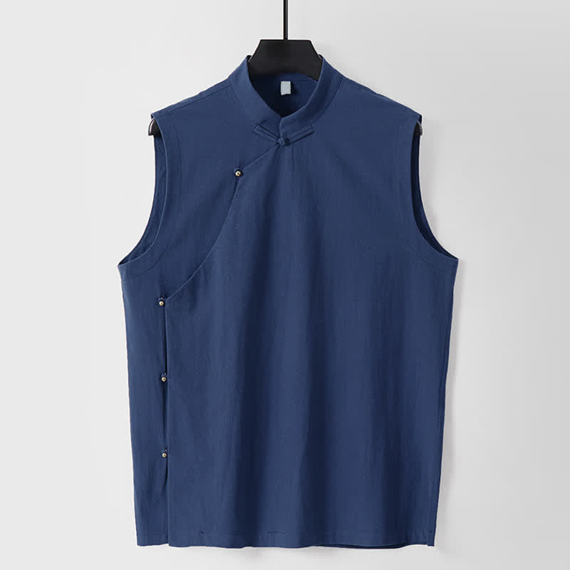 Nimara Ritual Summer Solid Color Stand Collar Frog-Button Men's Cotton Linen Sleeveless Vest