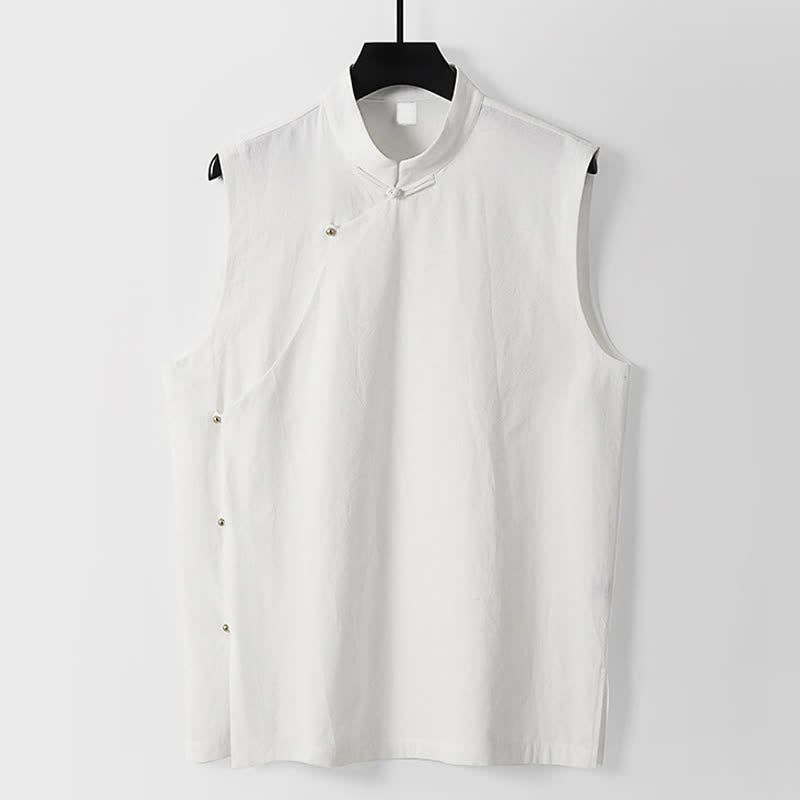Nimara Ritual Summer Solid Color Stand Collar Frog-Button Men's Cotton Linen Sleeveless Vest