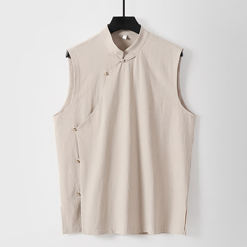 Nimara Ritual Summer Solid Color Stand Collar Frog-Button Men's Cotton Linen Sleeveless Vest