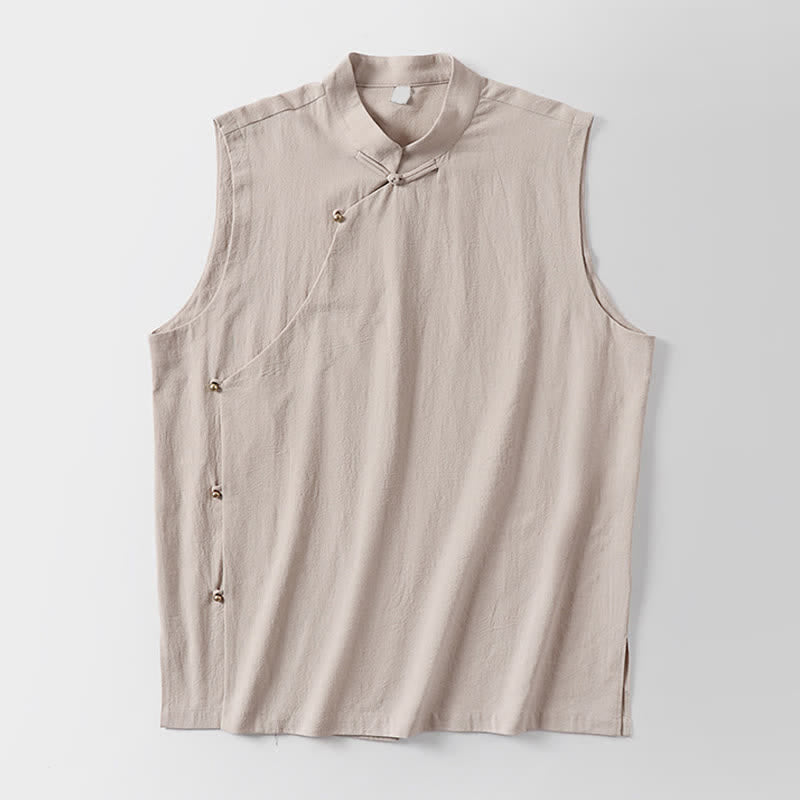Nimara Ritual Summer Solid Color Stand Collar Frog-Button Men's Cotton Linen Sleeveless Vest